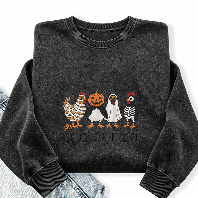 Embroidered Chick Or Treat Washed Crewneck Sweatshirt