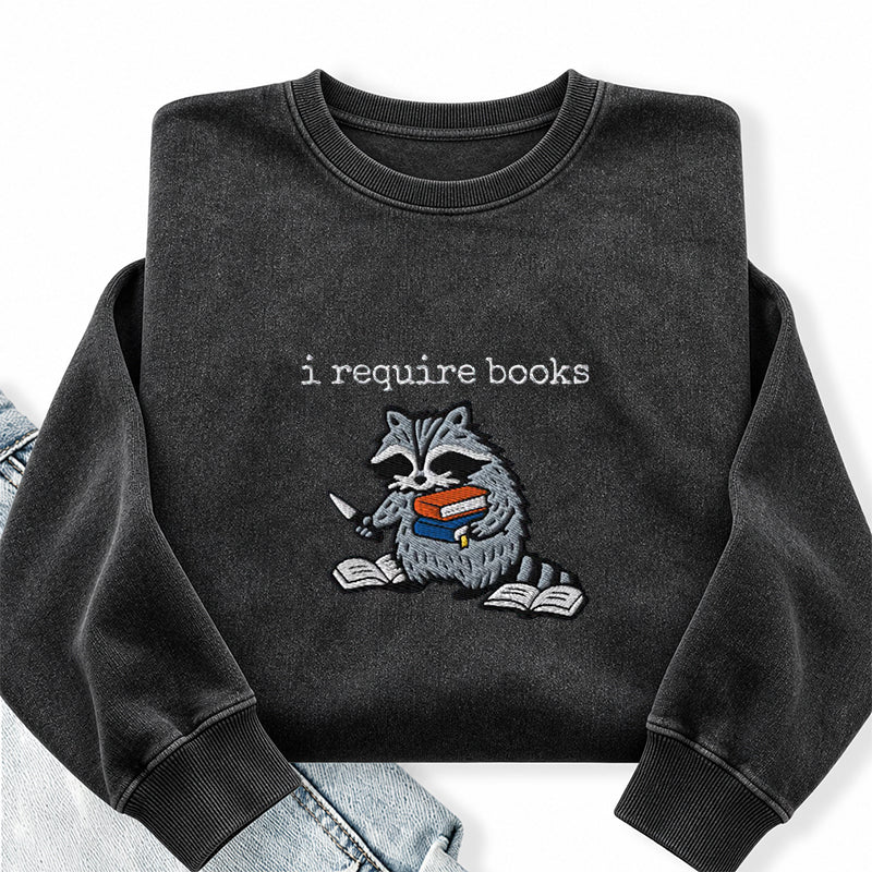 Embroidered I Require Books Raccoon Washed Crewneck Sweatshirt