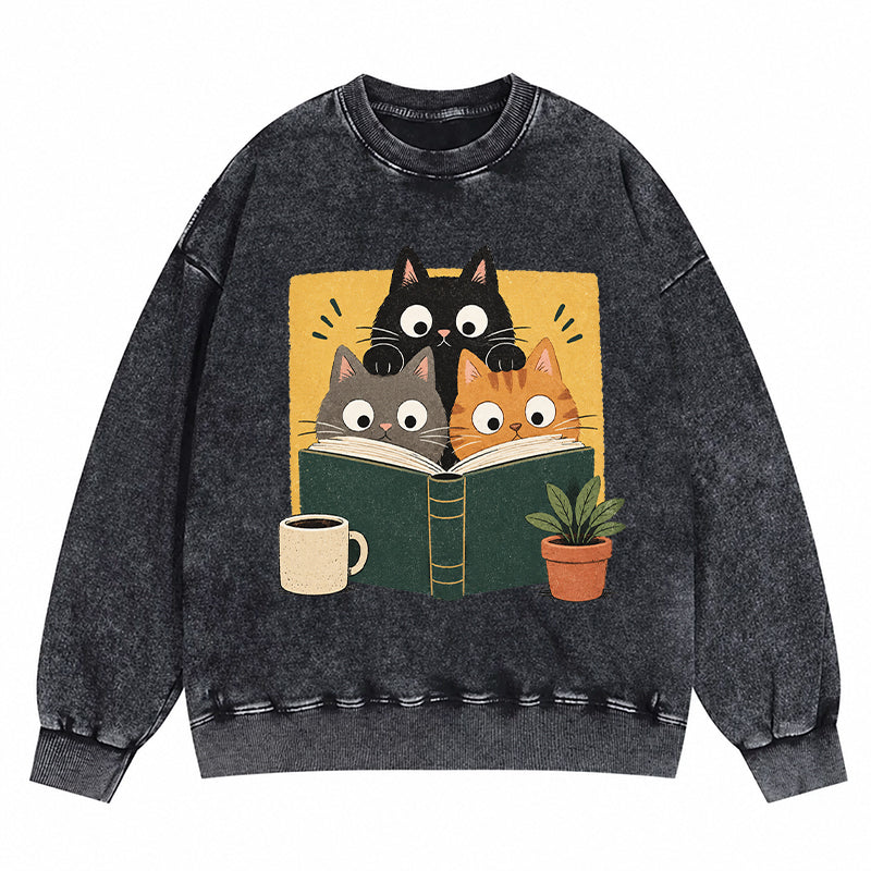 Retro Curious Reading Cats Washed Crewneck Sweatshirt