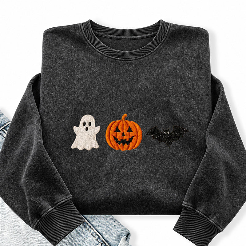 Embroidered Holloween Ghost Pumpkin Bat Washed Crewneck Sweatshirt