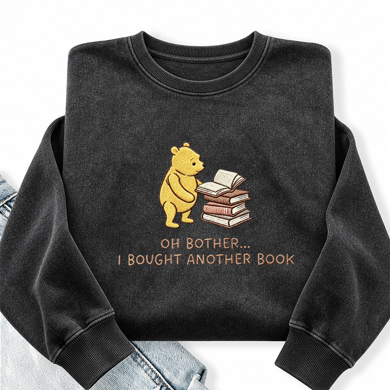 Embroidered Funny Bear Reading Books Washed Crewneck Sweatshirt