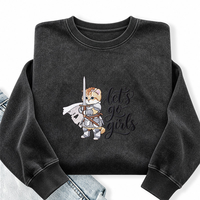 Embroidered Let's Go Girls Knight Cat Washed Crewneck Sweatshirt