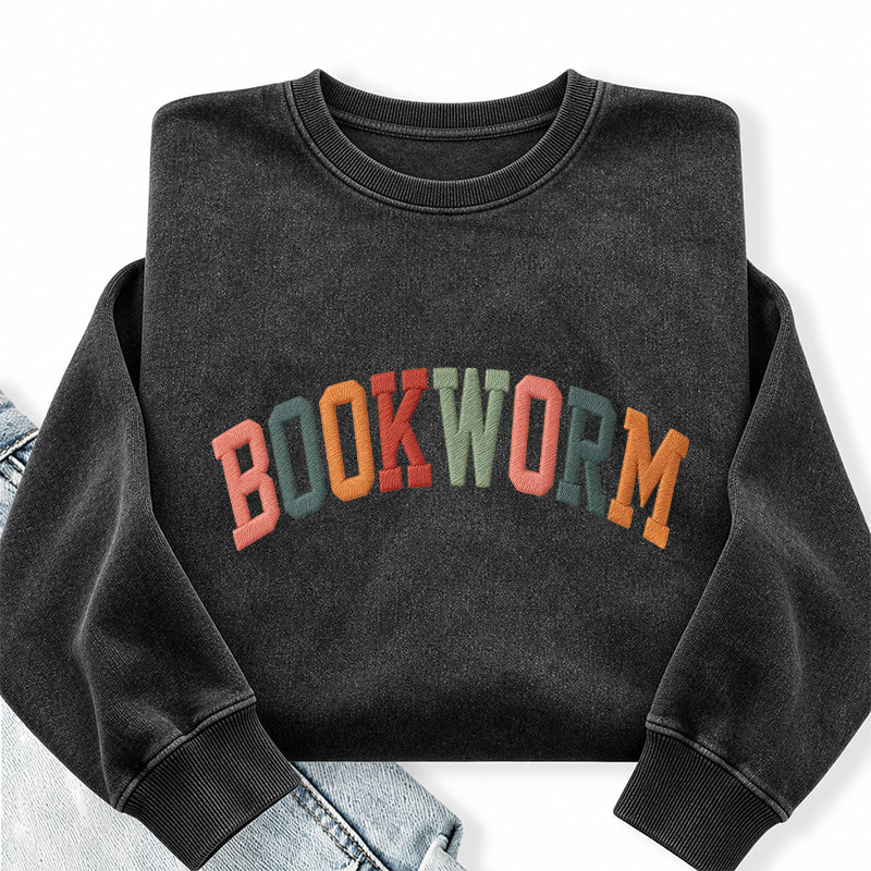 Embroidered Colorful Bookworm Washed Crewneck Sweatshirt