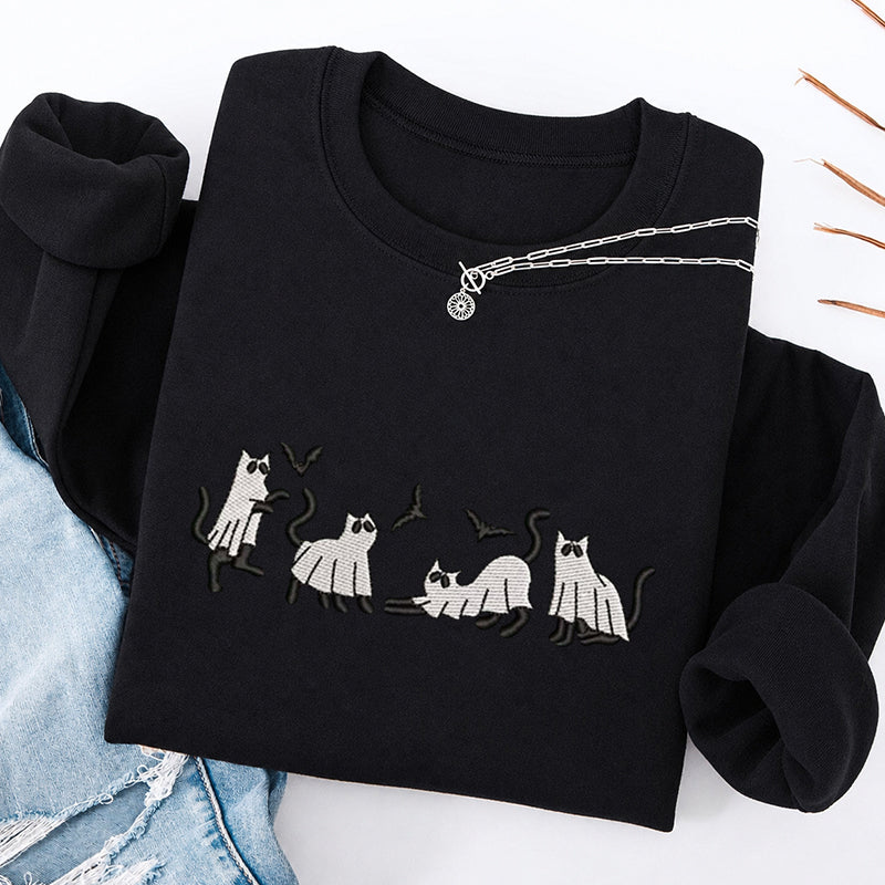 Embroidered Funny Cat Ghosts Classic Crewneck Sweatshirt