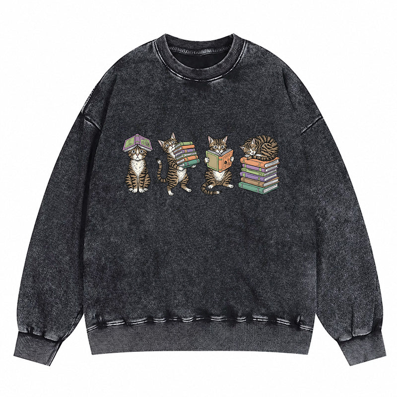 Cats Reading Books Washed Crewneck Sweatshirt