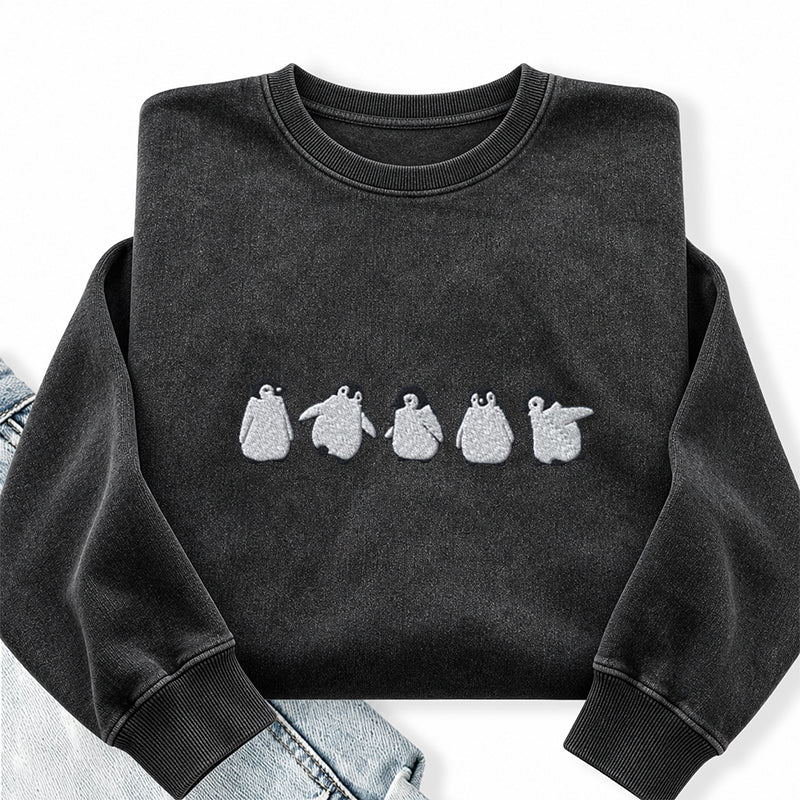 Embroidered Cute Penguins Washed Crewneck Sweatshirt
