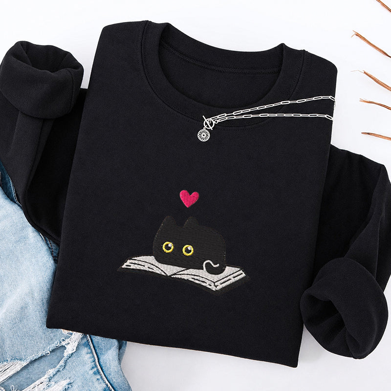 Embroidered Black Cat And Book Classic Crewneck Sweatshirt