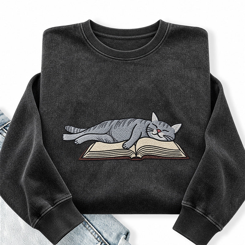 Embroidered Cat Sleeping On Book Washed Crewneck Sweatshirt