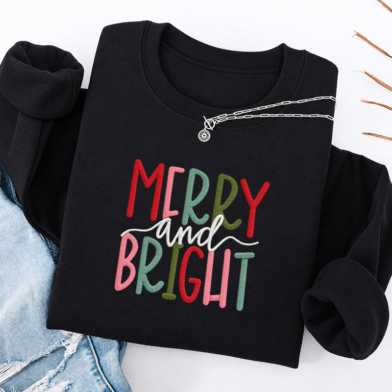 Embroidered Merry And Bright Christmas Classic Crewneck Sweatshirt