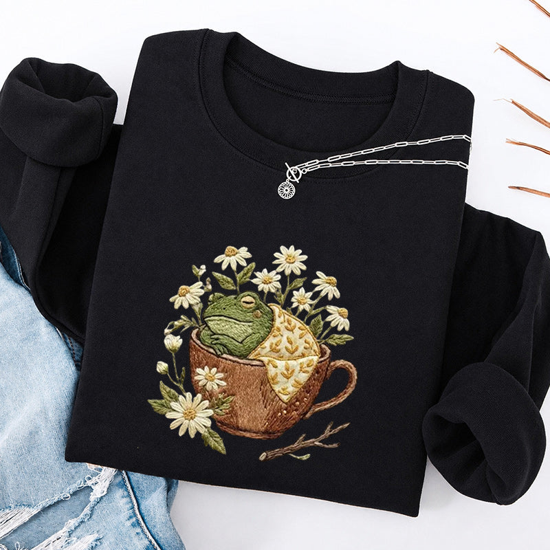 Embroidered Frog in Teacup Classic Crewneck Sweatshirt