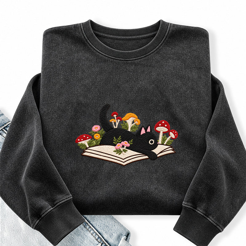Embroidered Black Cat Mushroom Book Washed Crewneck Sweatshirt