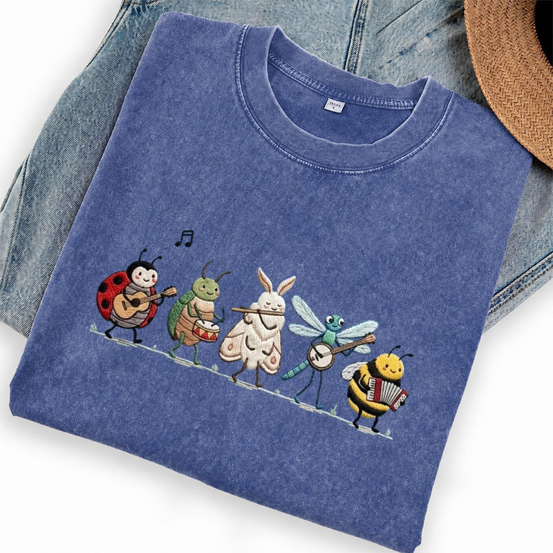 Embroidered Bug Orchestra Washed Crew Neck T-Shirt