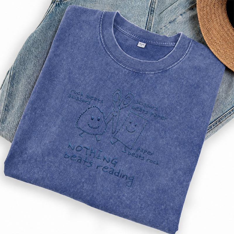 Embroidered Nothing Beats Reading Washed Crew Neck T-Shirt
