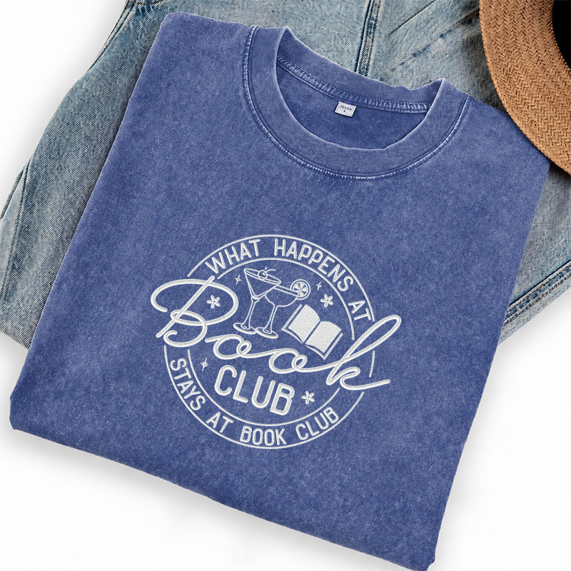 Embroidered Funny Book Club Washed Crew Neck T-Shirt