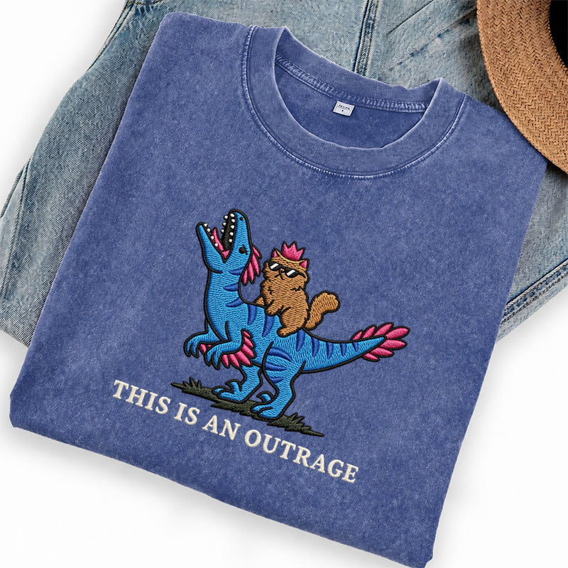 Embroidered This Is An Outrage Book Lover Washed Crew Neck T-Shirt