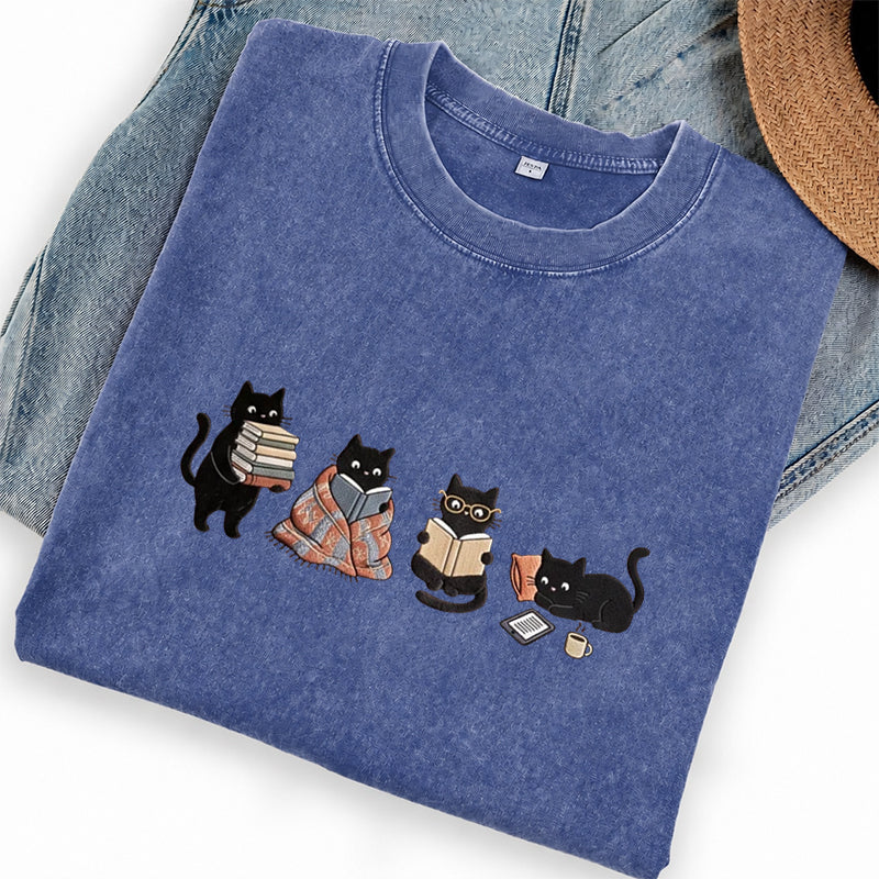 Embroidered Bookish Black Cats Washed Crew Neck T-Shirt