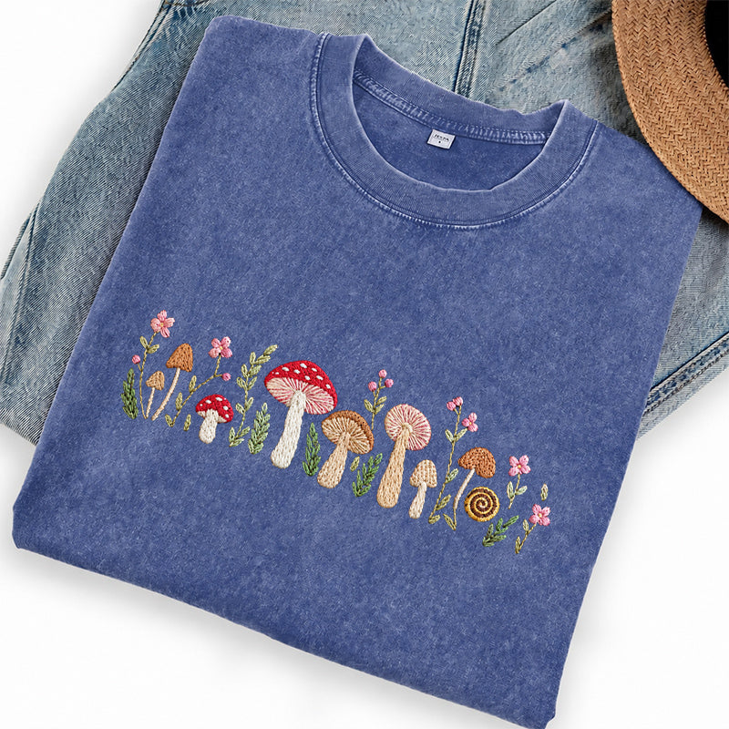 Embroidered Enchanted Mushroom Washed Crew Neck T-Shirt