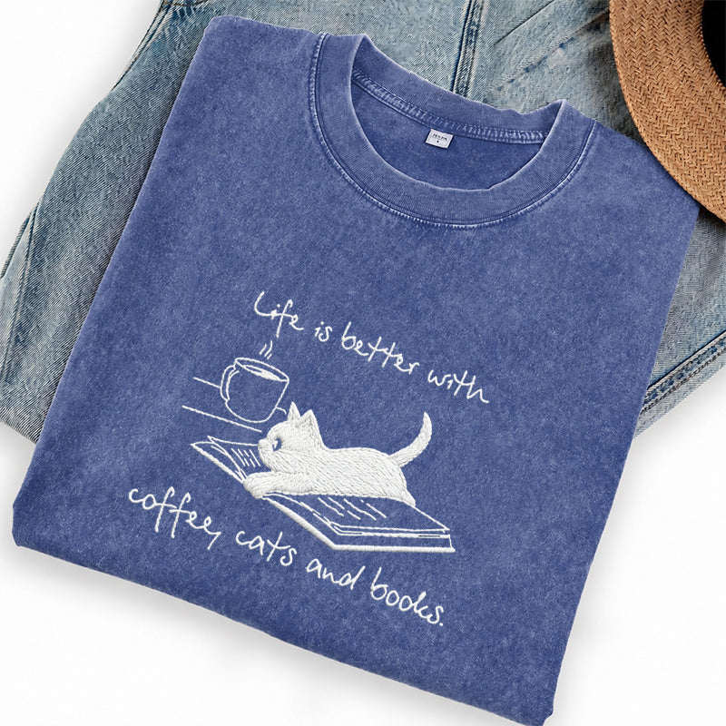 Embroidered Coffee Cat and Books Washed Crew Neck T-Shirt