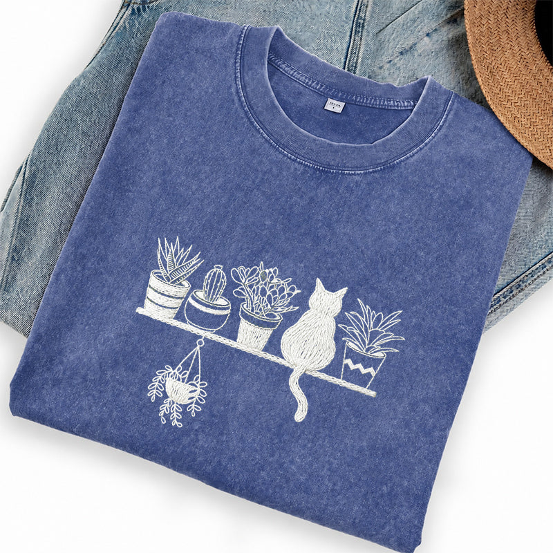 Embroidered Cats And Plants Washed Crew Neck T-Shirt