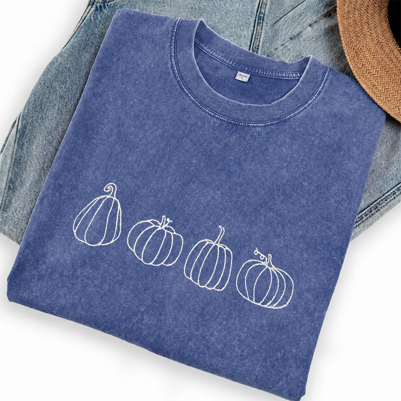 Embroidered Pumpkins Washed Crew Neck T-Shirt