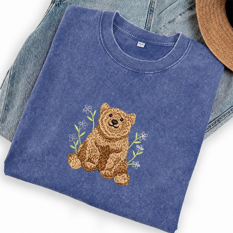 Embroidered Floral Bear Washed Crew Neck T-Shirt
