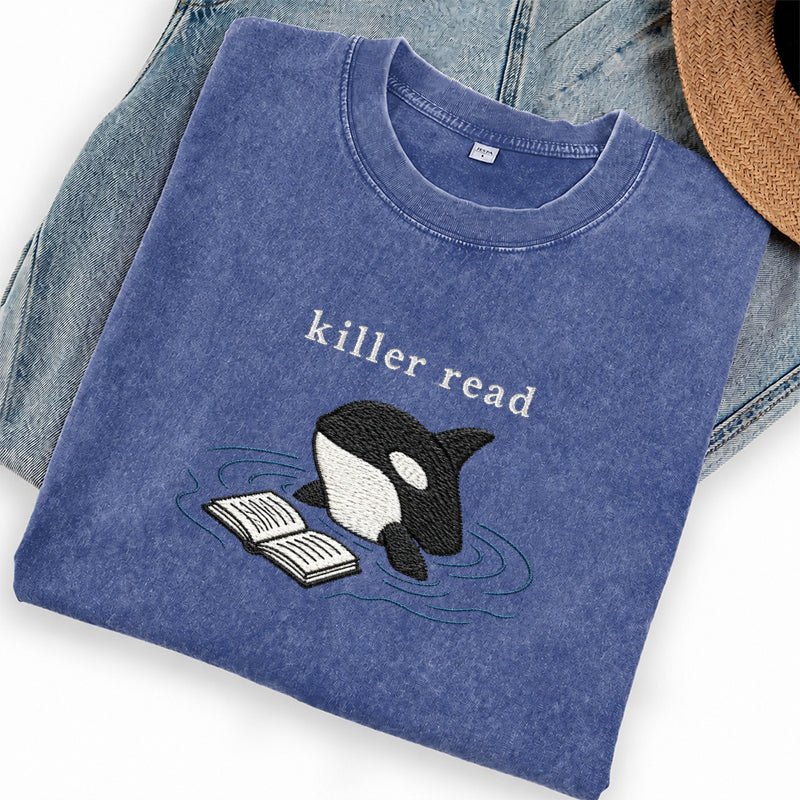 Embroidered Killer Read Orca Washed Crew Neck T-Shirt