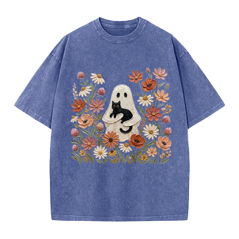 Black Cat Floral Ghost Washed Crew Neck T-Shirt