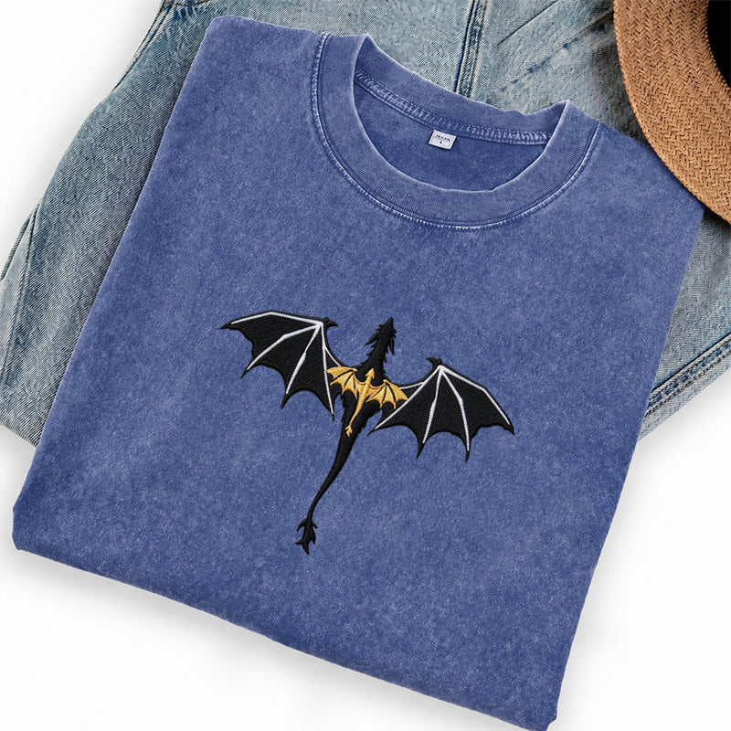 Embroidered Fantasy Book Dragon Washed Crew Neck T-Shirt