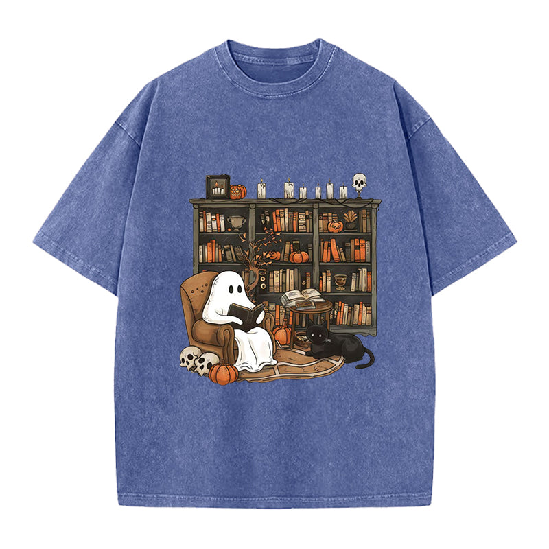 Retro Ghost Reading Washed Crew Neck T-Shirt