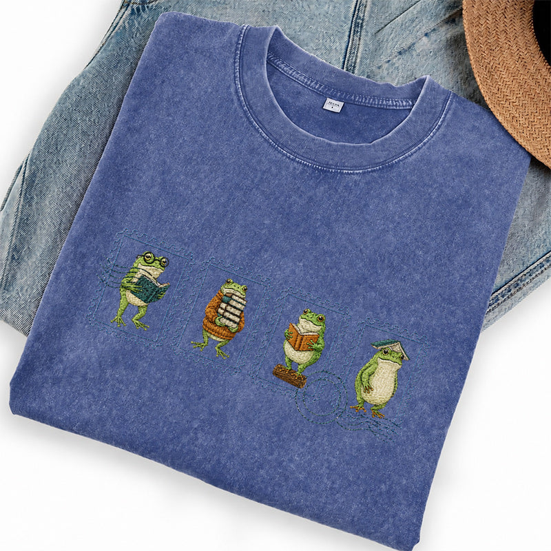 Embroidered Bookish Frog Stamp Washed Crew Neck T-Shirt
