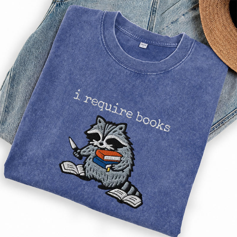 Embroidered I Require Books Washed Crew Neck T-Shirt