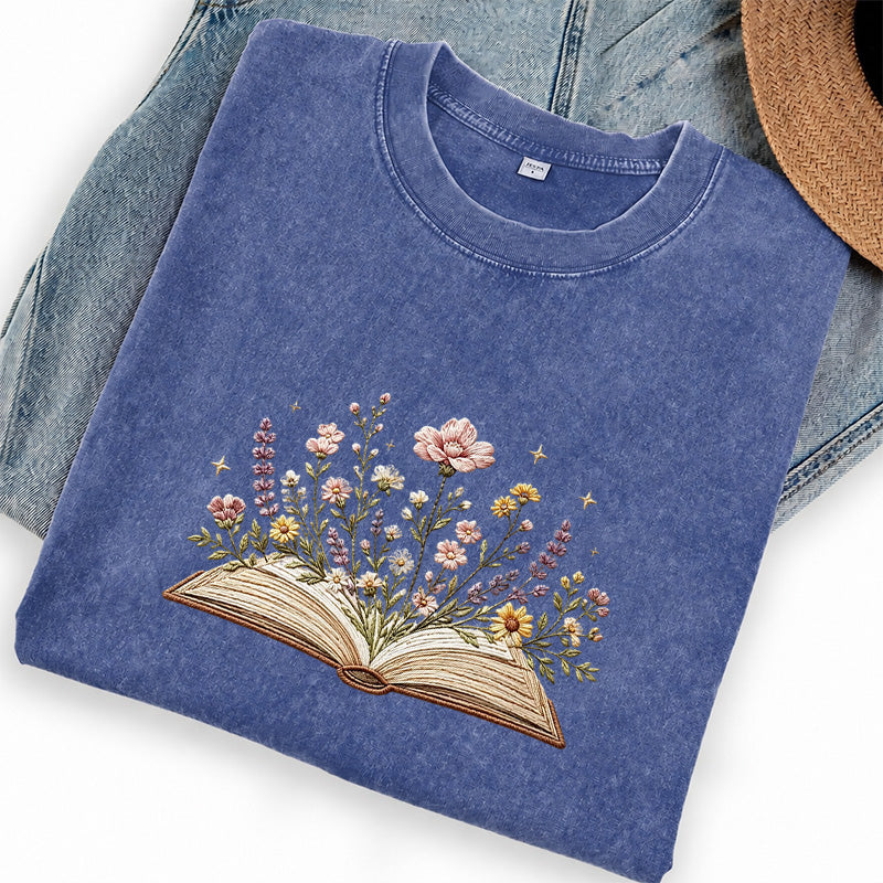 Embroidered Floral Book Washed Crew Neck T-Shirt