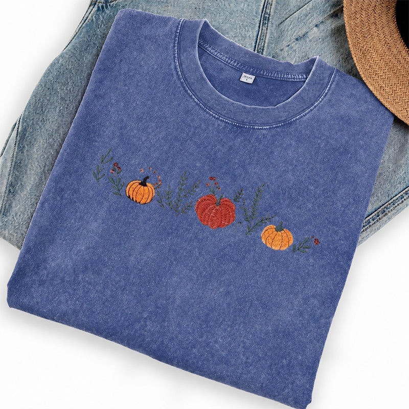 Embroidered Fall Enchanted Pumpkins Washed Crew Neck T-Shirt