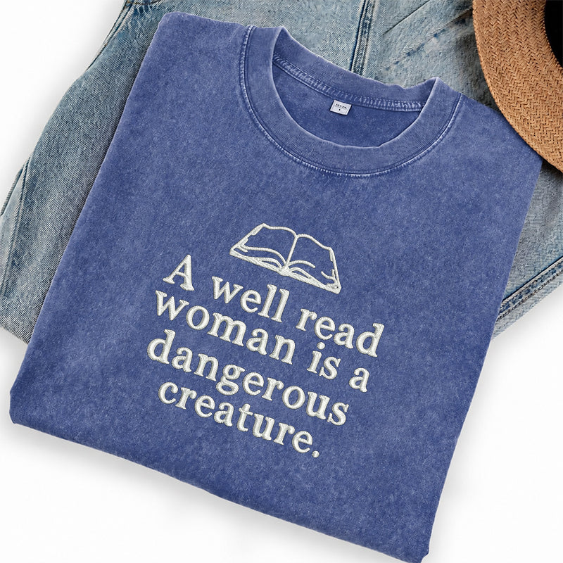 Embroidered A Well Read Woman Washed Crew Neck T-Shirt