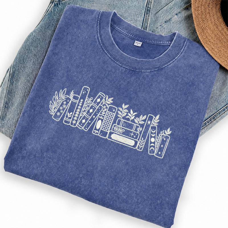 Embroidered Flower Book Washed Crew Neck T-Shirt