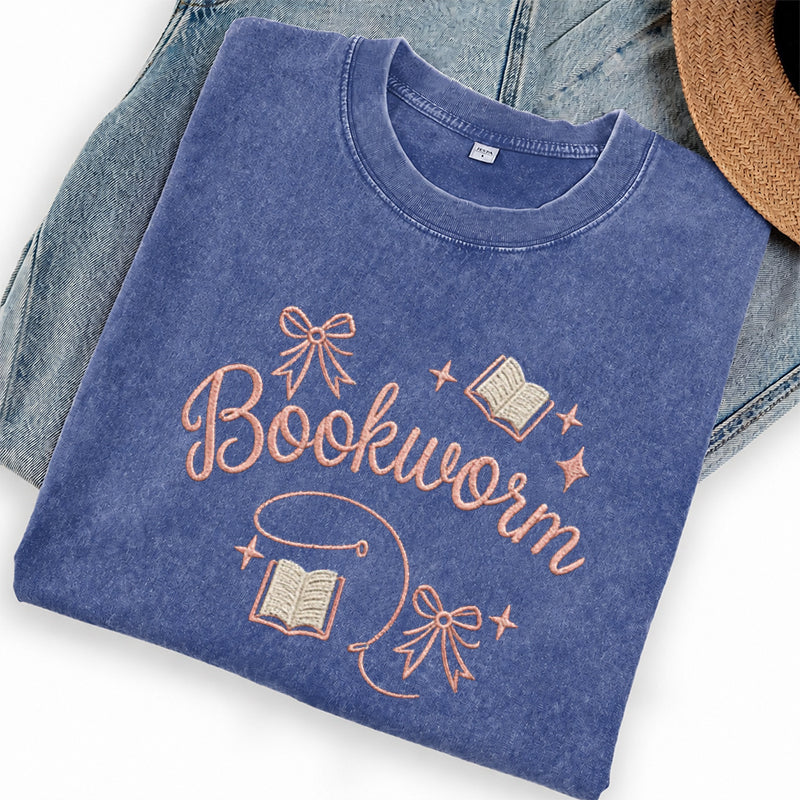 Embroidered Funny Bookworm Washed Crew Neck T-Shirt