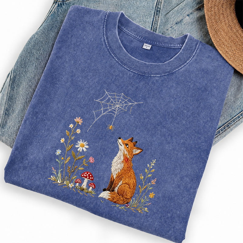 Embroidered Fox Cottagecore Washed Crew Neck T-Shirt