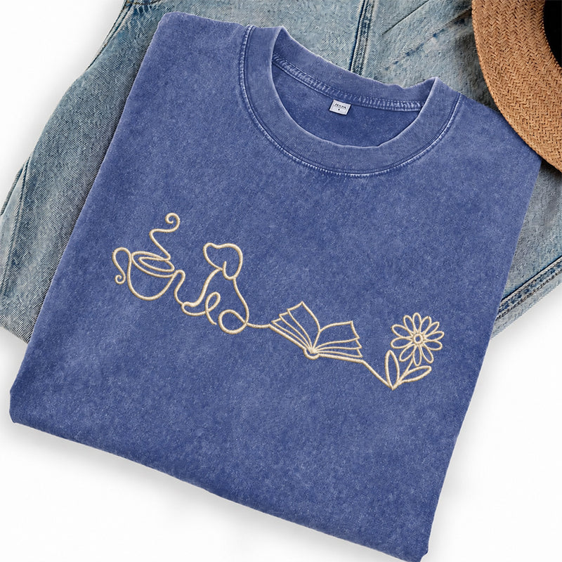 Embroidered Coffee Dog Book Flowers Washed Crew Neck T-Shirt