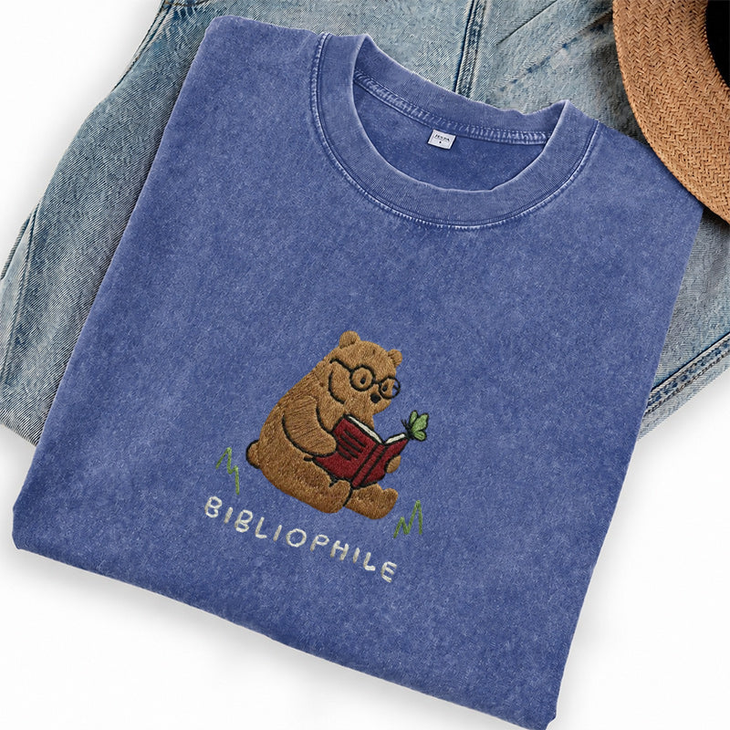 Embroidered Reading Bear Washed Crew Neck T-Shirt