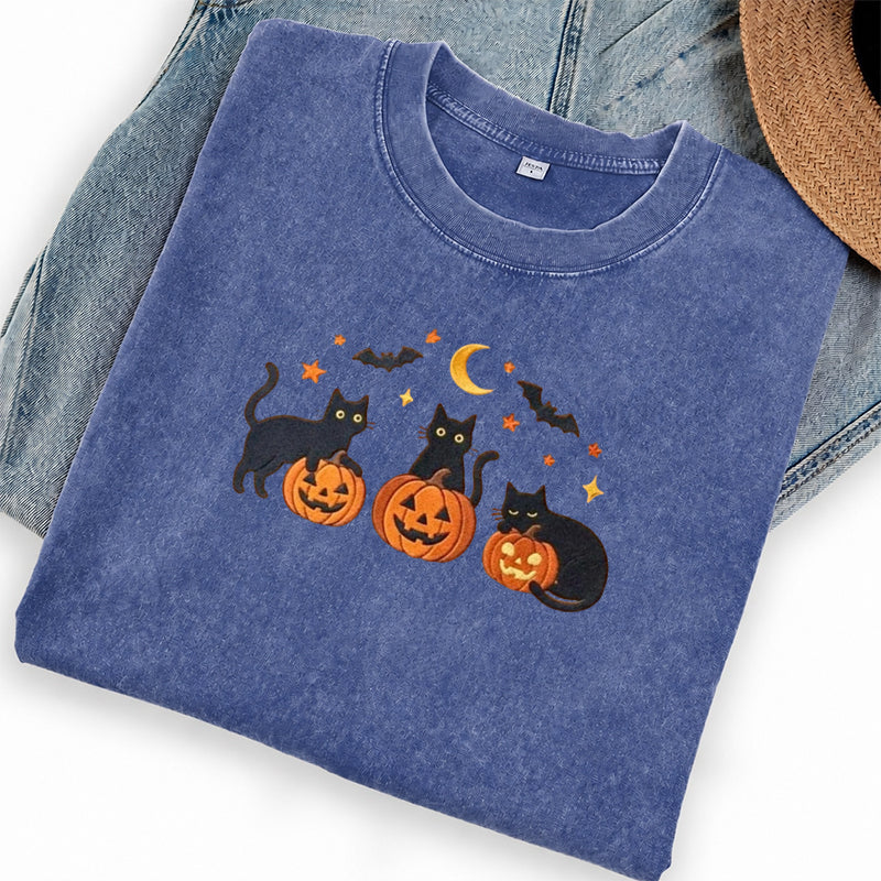 Embroidered Black Cats and Pumpkin Halloween Washed Crew Neck T-Shirt