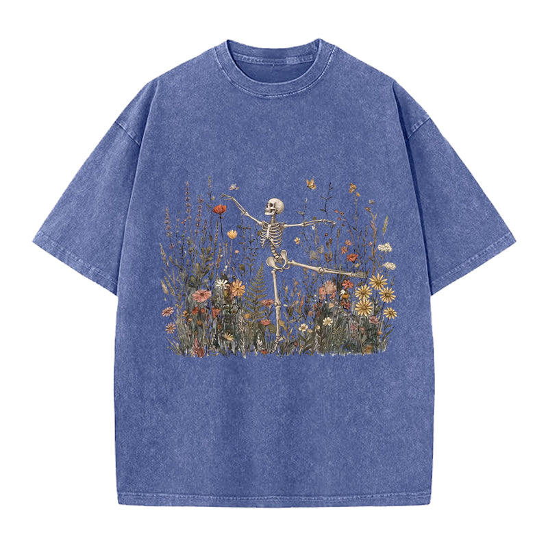 Dancing Skeleton In The Garden Washed Crew Neck T-Shirt