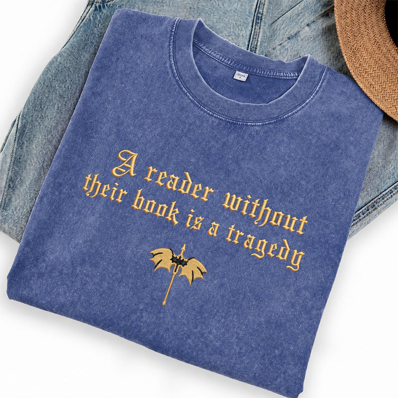Embroidered Dragon Rider Book Lover Washed Crew Neck T-Shirt
