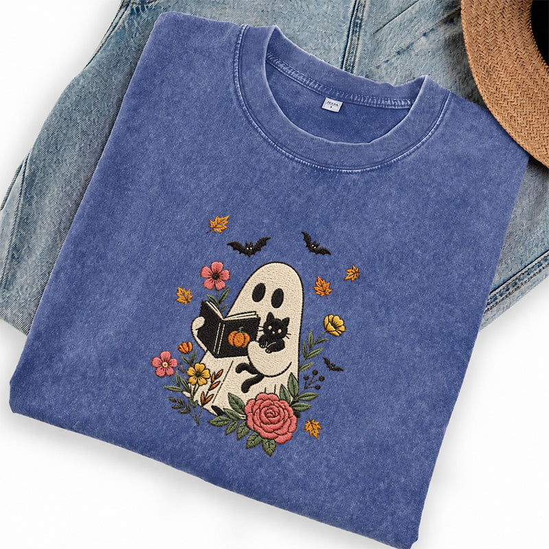 Embroidered Floral Ghost Reading Washed Crew Neck T-Shirt