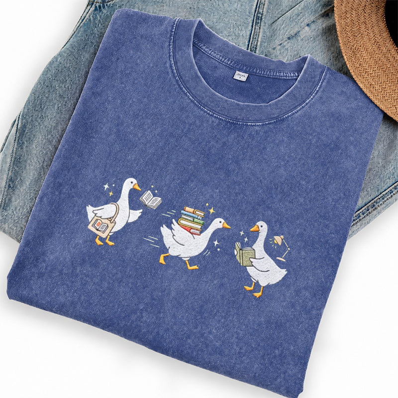 Embroidered Goose Reading Books Washed Crew Neck T-Shirt
