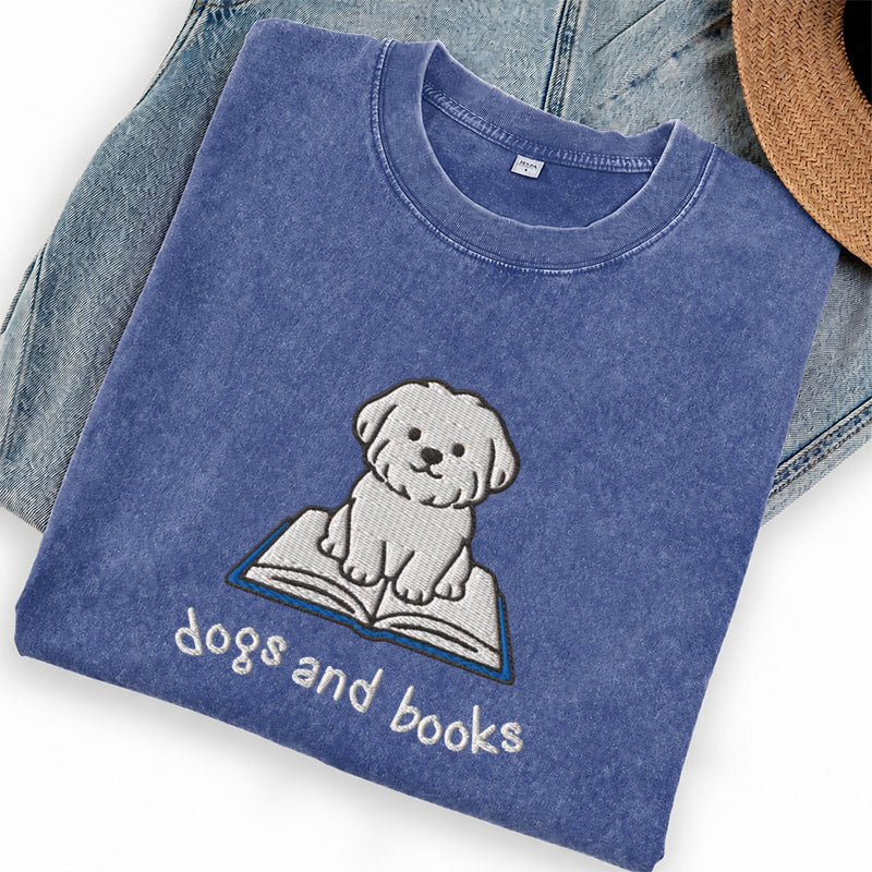 Embroidered Dogs and Books Washed Crew Neck T-Shirt
