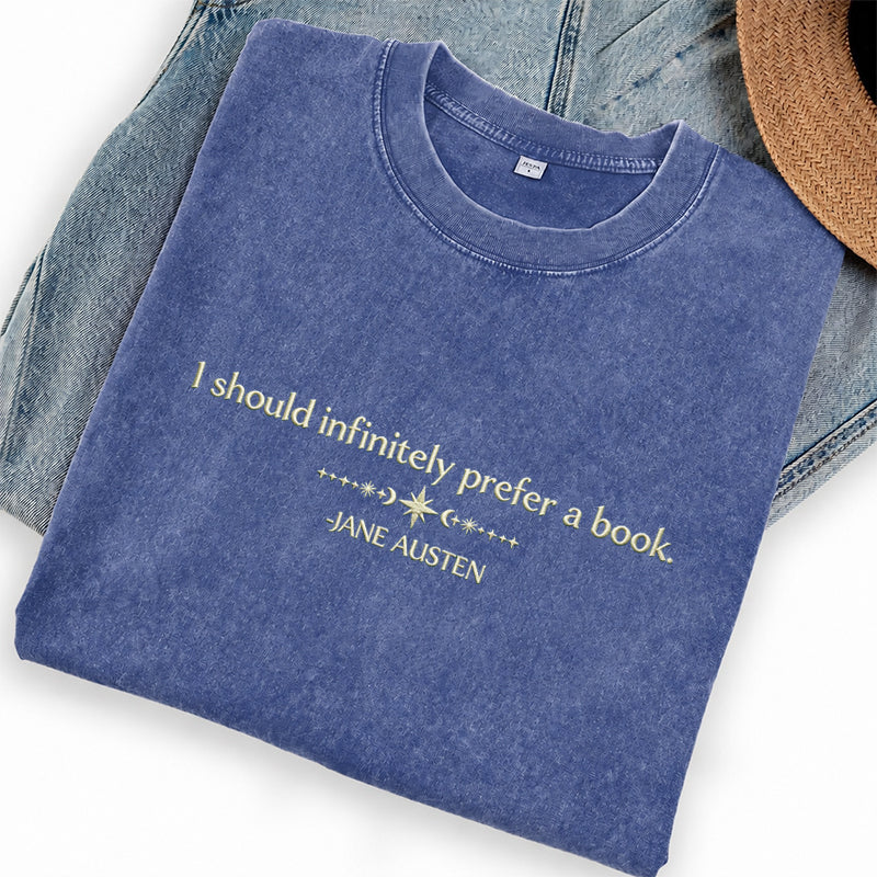 Embroidered Prefer a Book Washed Crew Neck T-Shirt