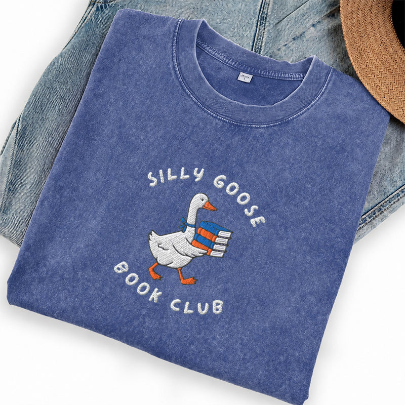Embroidered Silly Goose Book Club Washed Crew Neck T-Shirt