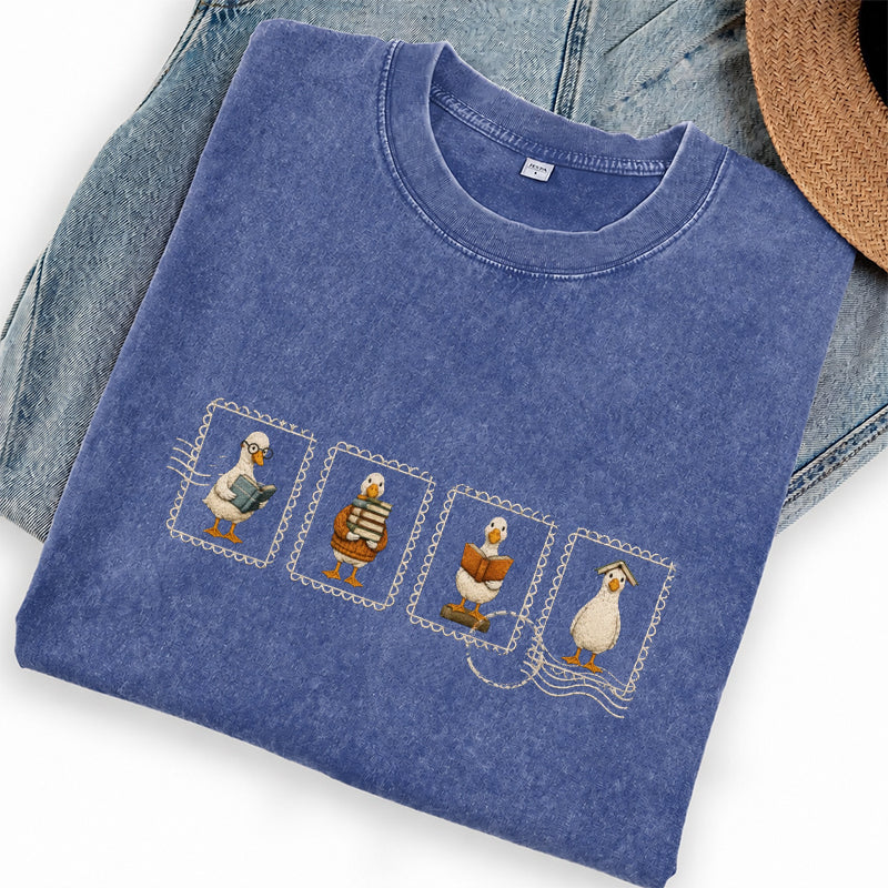 Embroidered Silly Goose Reading Washed Crew Neck T-Shirt