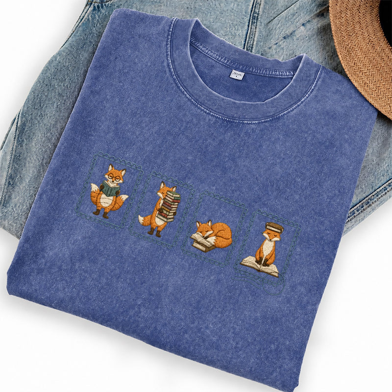Embroidered Fox Reading Washed Crew Neck T-Shirt