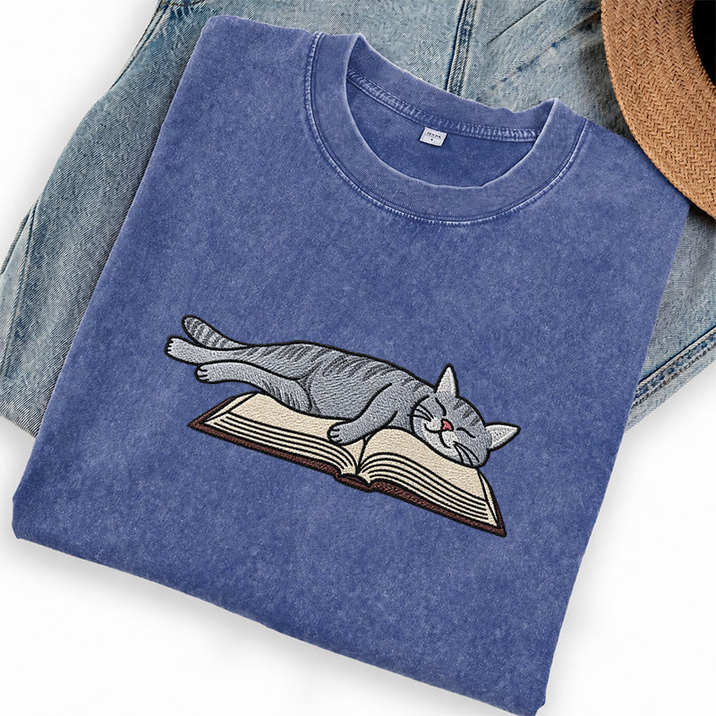 Embroidered Cat Sleeping On Book Washed Crew Neck T-Shirt